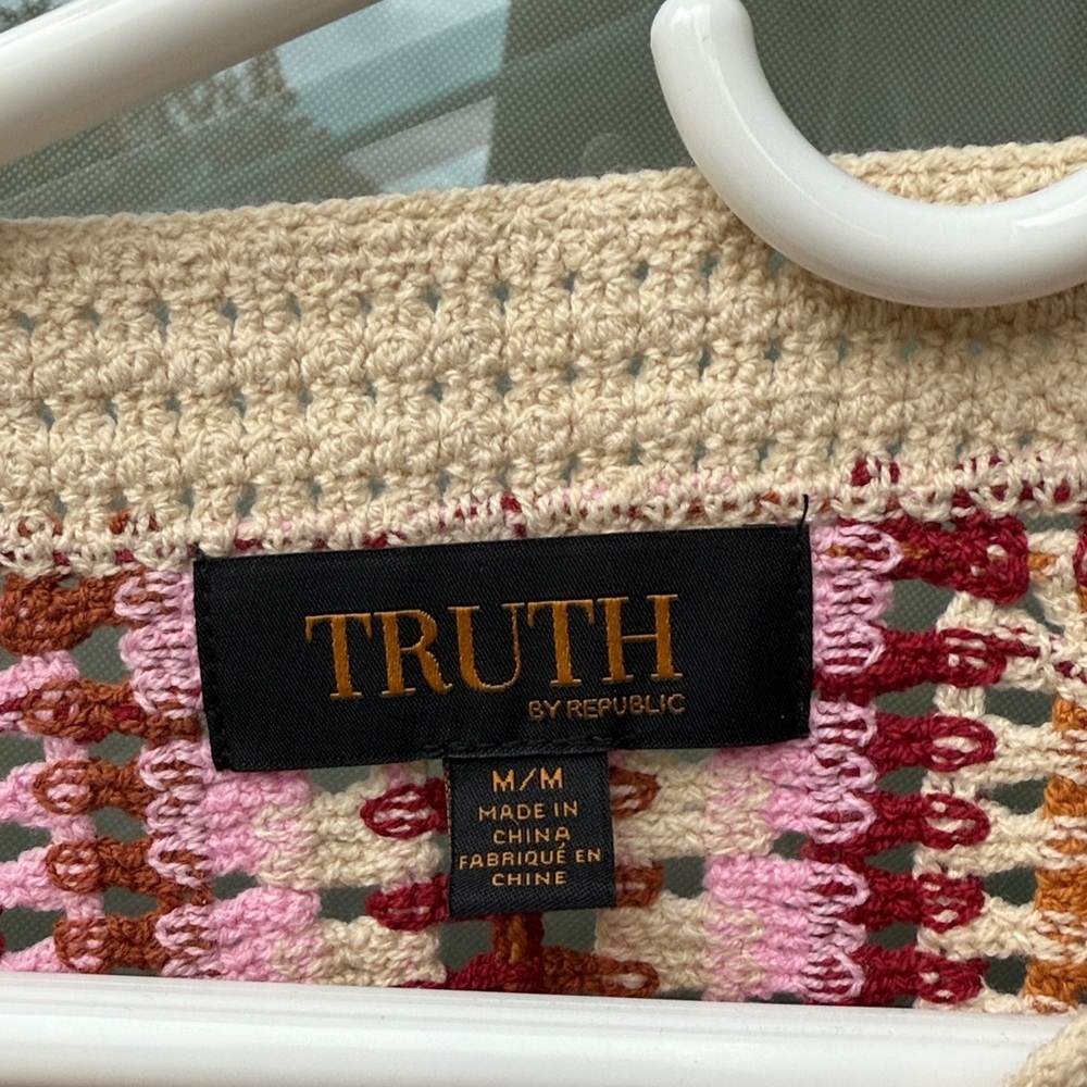 Truth by Republic Cropped Crochet Top Women’s Medium Colorful Sweater anthro - Picture 3 of 11